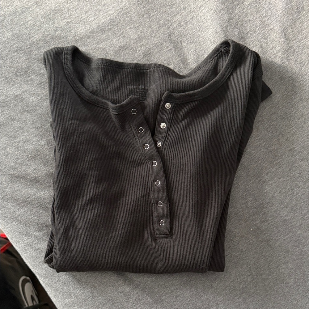 Black Ribbed Henley Long Sleeve Top